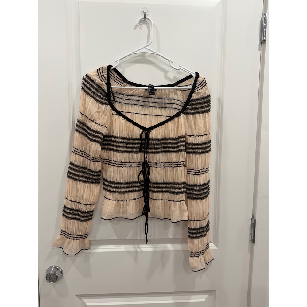 Forever 21 Women Peach Black Smocked Striped Long Sleeve Tie Front Blouse Size M